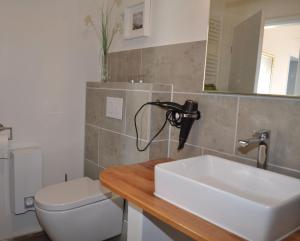 a bathroom with a sink and a toilet at Ferienhäuser Dornumersiel in Dornumersiel +49 photos