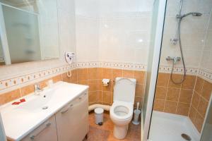 a bathroom with a toilet and a sink and a shower at Grand Hotel De France in Meyrueis