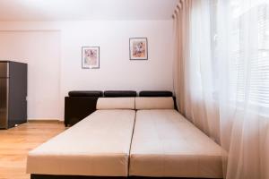un lit dans une chambre avec une grande fenêtre dans l'établissement Ibar Apartment & Garage, à Plovdiv