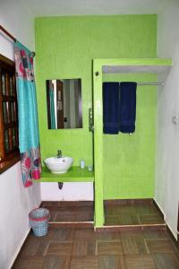 Yaxche Centro Hostal y Camping في باكالار: حمام أخضر مع حوض ومرآة
