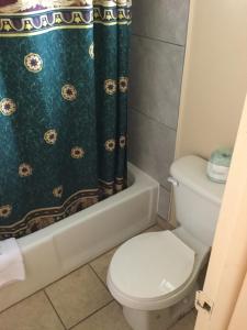 uma casa de banho com um WC e uma cortina de chuveiro em Deluxe Inn em Hebron