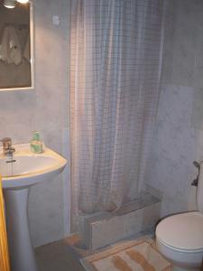 a bathroom with a sink and a toilet and a shower at Pensión Las Tres Golondrinas in Es Figueral Beach