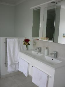 a bathroom with a sink and a mirror and towels at Courtenay B & B in Kaiapoi