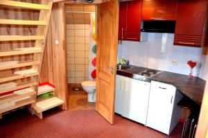 a small kitchen with a sink and a toilet at Pērkonu namiņš in Balvi
