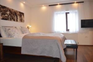 1 dormitorio con 1 cama, TV y ventana en Plitvice Miric Inn, en Lagos de Plitvice
