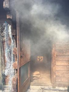 an open wooden door with smoke coming out of it at Lomatila Ollila Bungalows in Kerimäki