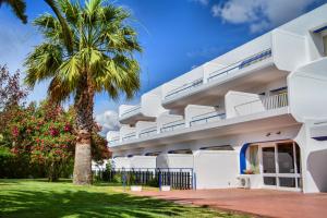 um edifício branco com uma palmeira em frente em Carvoeiro Hotel em Carvoeiro