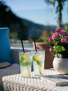 two glasses of lemonade on a table with a vase of flowers at Casale Panayiotis in Kalopanayiotis