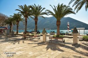 a group of palm trees and benches next to the water at Apartment Waterline in Perast