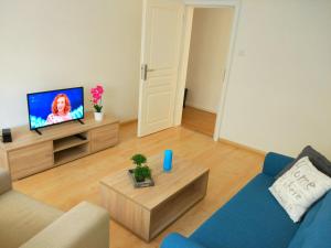 un soggiorno con divano blu e TV di Riverview Apartment Bratislava a Bratislava