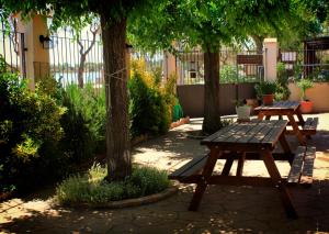 Villafranca de los CaballerosにあるCasa Rural Santa Elenaの木々のある中庭のピクニックテーブル2台