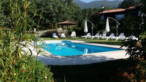 a swimming pool in a yard with chairs and a house at Apartamentos El Roble in Valverde de la Vera