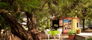 a table and chairs under a tree in front of a house at Agriturismo Menhir in Villagrande Strisaili