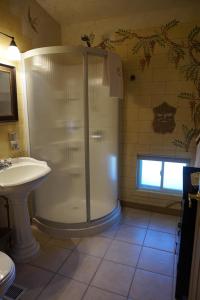 a bathroom with a shower and a sink at Russell Manor Bed & Breakfast in Morrisburg