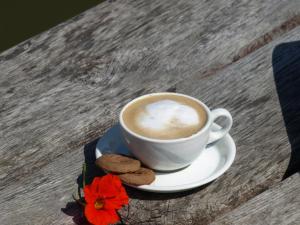 una taza de café y galletas en una mesa de madera en Wieża marzeń, en Dąbrowa Grodzieńska-Wieś