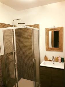 a bathroom with a shower and a sink at Sunny Arabba Apartment in Arabba