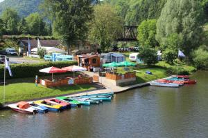 a group of boats are docked in a river at Hotel am Goetheberg in Obernhof