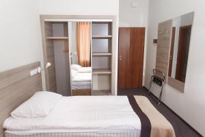 a small bedroom with a bed and a mirror at VitaPark Borysfen in Kyiv