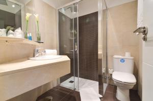 La salle de bains est pourvue de toilettes, d'un lavabo et d'une douche. dans l'établissement Hotel Miau, à Madrid