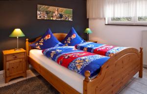 Schlafzimmer mit einem Bett mit blauen und roten Kissen in der Unterkunft Am alten Apfelbaum - Fewo 1 in Cochem