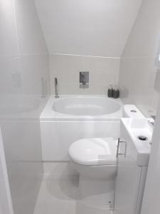 ein weißes Bad mit einem WC und einer Badewanne in der Unterkunft The Studio - Heart Of Primrose Hill in London