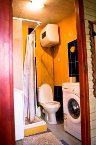 a bathroom with a toilet and a washing machine at Salme Apartment in Tartu