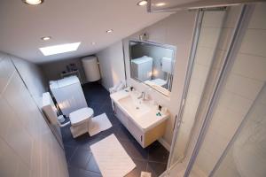 W łazience znajduje się umywalka, toaleta i lustro. w obiekcie Four Towers Apartments w Rabie