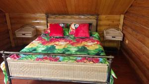 a bed with red pillows in a room at Villa Mango in Vylkove