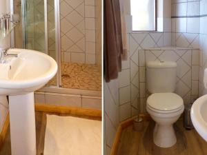 two pictures of a bathroom with a toilet and a sink at Panorama Lodge in Knysna