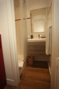 a bathroom with a shower and a sink and a mirror at Hôtel - Restaurant des Voyageurs in Ambazac