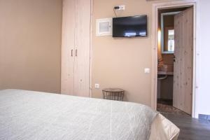a bedroom with a bed and a tv on the wall at Camara Homes in Andros
