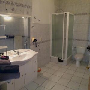 a bathroom with a sink and a shower and a toilet at Hotel-Restaurant Windsor in Mondorf-les-Bains