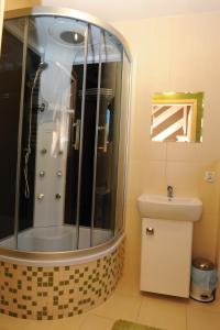 a bathroom with a shower and a toilet and a mirror at Domki Oberwanka in Mszana Dolna