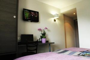 a bedroom with a desk and a tv on the wall at Hôtel des Rosiers in Lourdes