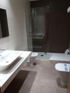 La salle de bains est pourvue d'un lavabo, de toilettes et d'une douche. dans l'établissement Hotel Mirador Ría de Arosa, à Reboredo