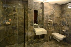 a bathroom with a shower and a toilet and a sink at Danai Hotel & Spa in Olympic Beach