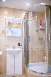 a bathroom with a shower and a sink and a shower at Apartament Skwer Kosciuszki Gdynia Parking!! in Gdynia