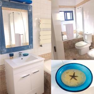 two pictures of a bathroom with a sink and a toilet at Beach House in Madalena
