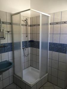een douche met een glazen deur in de badkamer bij Lavender Apartment in Siófok