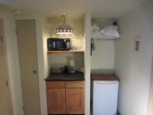 a small kitchen with a microwave and a stove at Kokopelli Inn in Estes Park