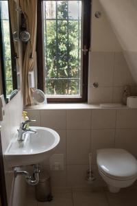 baño con lavabo y aseo y ventana en Reetdach-Ferienhaus in Quilitz en Rankwitz