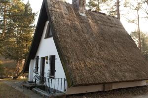 - un petit bâtiment blanc au toit de chaume dans l'établissement Reetdach-Ferienhaus in Quilitz, à Rankwitz