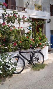 een fiets geparkeerd voor een gebouw met bloemen bij Irene Apartments in Malia