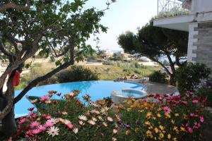 ラゴニッシにある3-house Villa with amazing infinity poolの花の咲く庭園内のスイミングプール