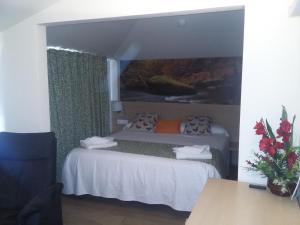 a hotel room with a bed and a window at Hostal Rural San Andrés in Torres del Río +10 photos
