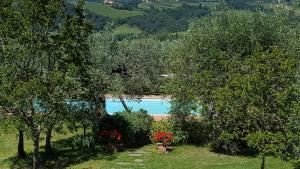 einen Pool in einem Garten mit Bäumen und Blumen in der Unterkunft Tognazzi Casa Vacanze - Villa San Martino in Villa del Monte