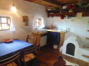 a kitchen with a table and a stove in a room at Rigó Vendégház in Őriszentpéter