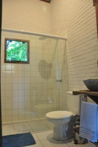 uma casa de banho com um WC e uma cabina de duche em vidro. em Oca Paraty Chalé Ecológico em Paraty