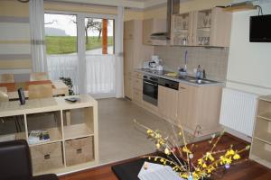eine Küche mit einem Tisch und einer Arbeitsplatte in der Unterkunft Ferienhof Lilienstein in Bad Schandau