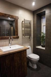 a bathroom with a sink and a toilet and a mirror at House on Palangas Street in Liepāja +28 photos